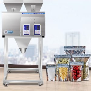 Dual channel filling machine, simultaneously filling two different particle products